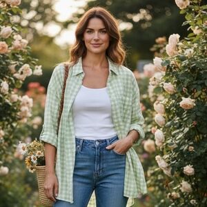 Pomander Place  Light Green Gingham Women's Button Down Shirt